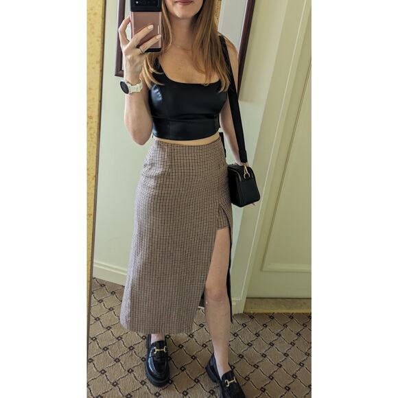 MAJE Jaisa Brown Plaid Wool Blend Front Back Slit Edgy Pencil Skirt Size US 8 - Picture 15 of 16